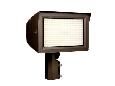MaxLite LED flood light in bronze finish with adjustable CCT, photoeye, and slipfitter for outdoor lighting, 150W/130W model.