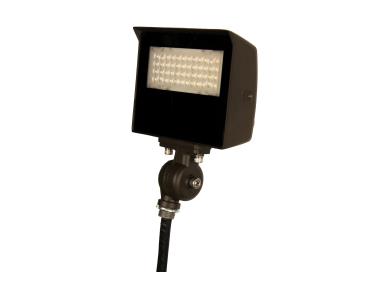 MaxLite LED Slim Flood Light with adjustable beam, 20W, CCT, yoke mount, and photoeye for versatile outdoor lighting.