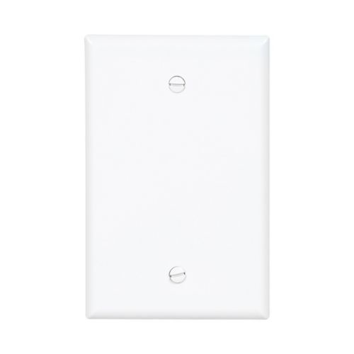 White Eaton mid-size blank wallplate by Cooper, designed for wiring devices, showing a clean, smooth surface with mounting holes.