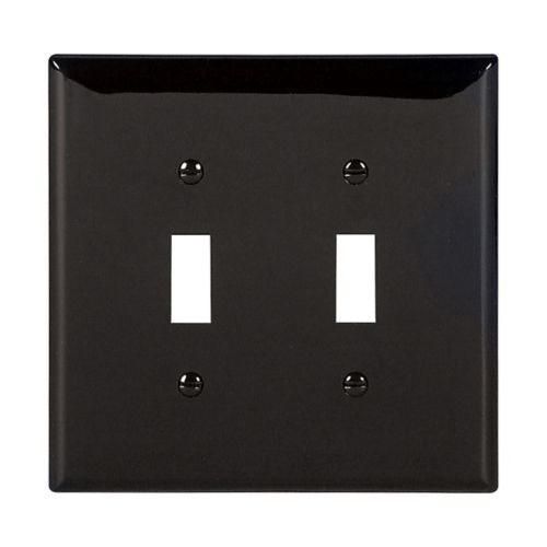 Set of 10 Eaton black 2-gang toggle wallplates in mid-size, made by Cooper, designed for wiring device installation and wall mounting.