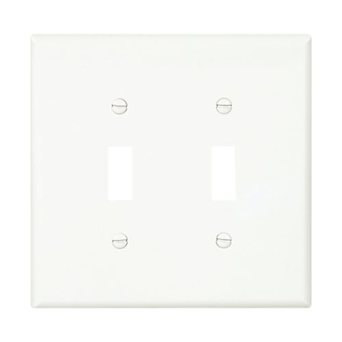 White Eaton 2-gang mid-size toggle wallplate from Cooper Wiring Devices, designed for electrical switches and outlets.