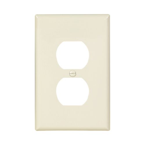 Eaton Midsize Light Almond single-gang duplex receptacle wallplate by Cooper, mounted on a wall for electrical outlet protection.