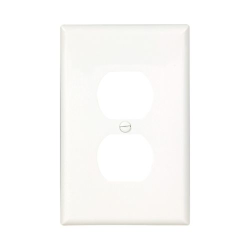 White Eaton single-gang duplex receptacle wallplate by Cooper, standard size for wiring device installation, with a smooth finish.