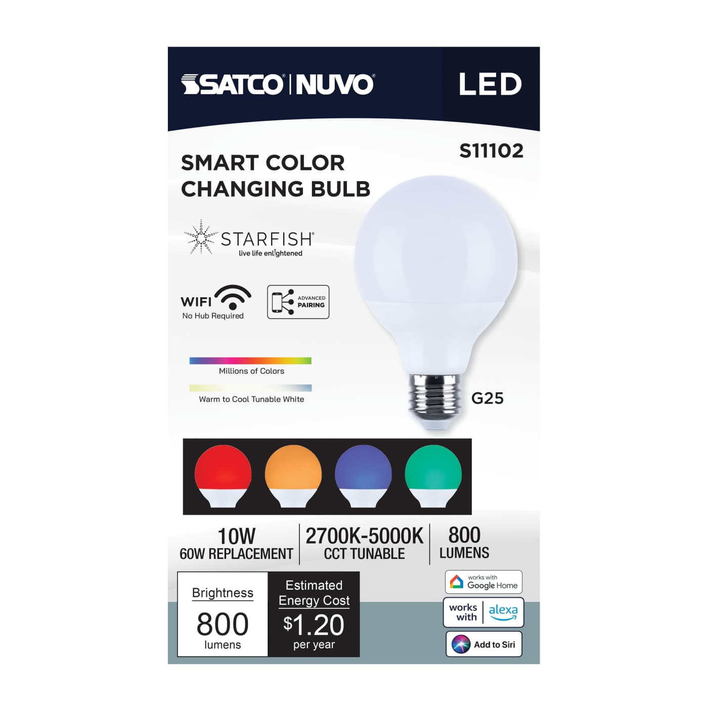Satco LED RGB G25 light bulb, 10W, medium base, 2700K-5000K color temperature, RGBTW, 120V, energy-efficient lighting.