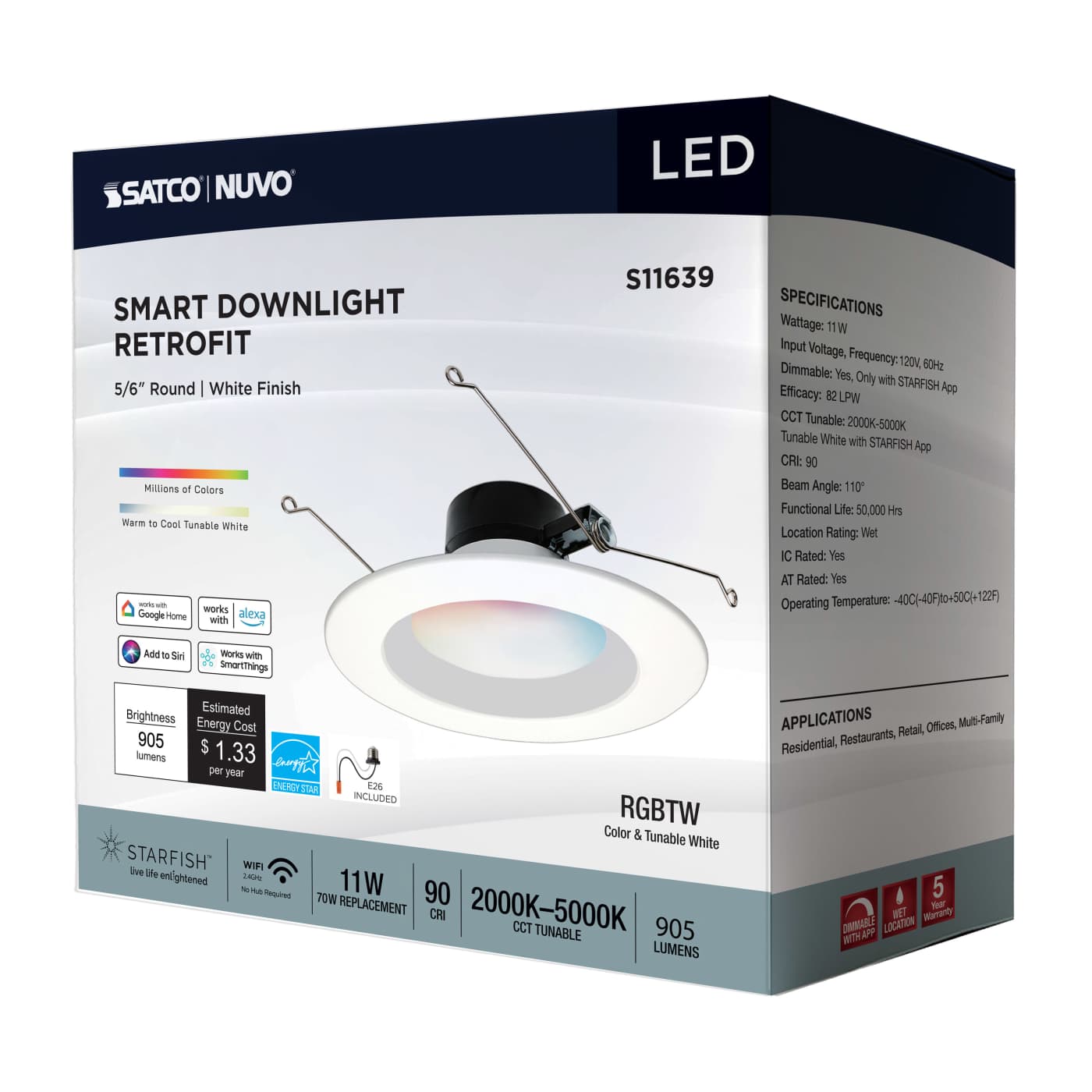 Round 11W LED retrofit downlight in white finish, 5-6 inch size, from Satco's LED recessed retrofit kits.