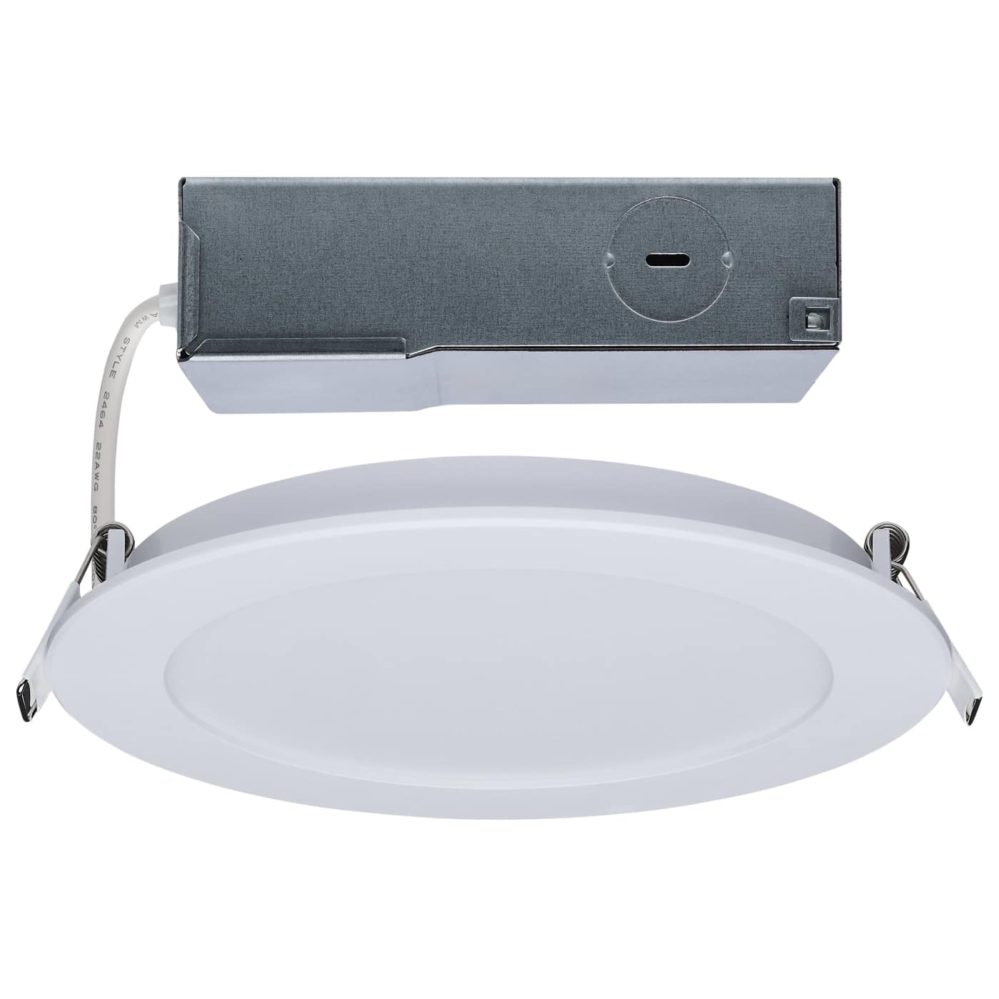 Satco LED 11W white round wafer downlight with adjustable CCT 27K-5K, 6-inch canless recessed lighting, sleek and modern design.