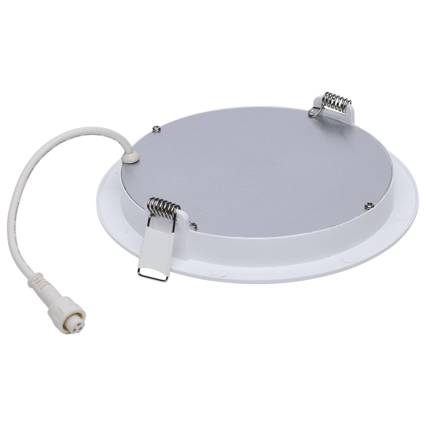 Satco LED 11W white round wafer downlight with adjustable CCT options, 6-inch canless design, suitable for ceiling lighting.