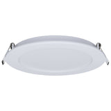 Satco LED 11W round wafer downlight in white with adjustable CCT options 27K to 5K, designed for 6-inch ceiling installation