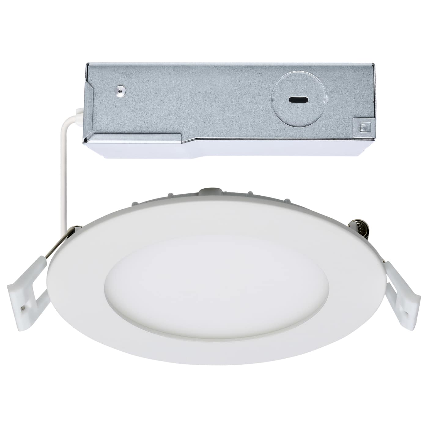 Round 4-inch Satco 10W LED wafer downlight with edge-lit design and CCT selectable options, suitable for ceiling lighting.