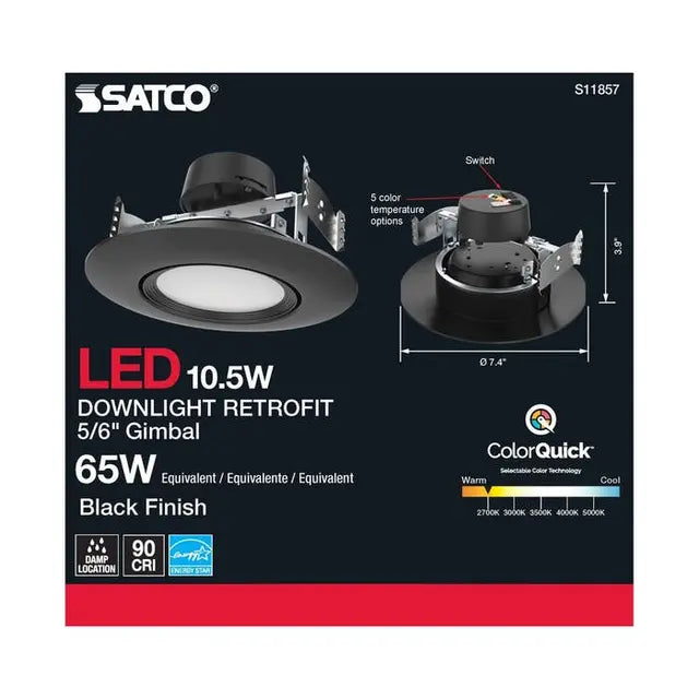 Black 10.5 Watt LED 5/6 Inch Downlight; Gimbaled