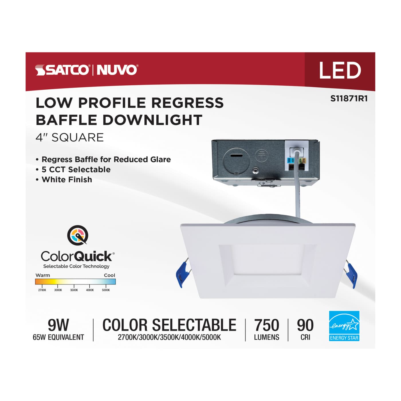 Satco 4-inch square 9W LED Wafer downlight with smooth baffle and adjustable CCT for ceiling lighting.