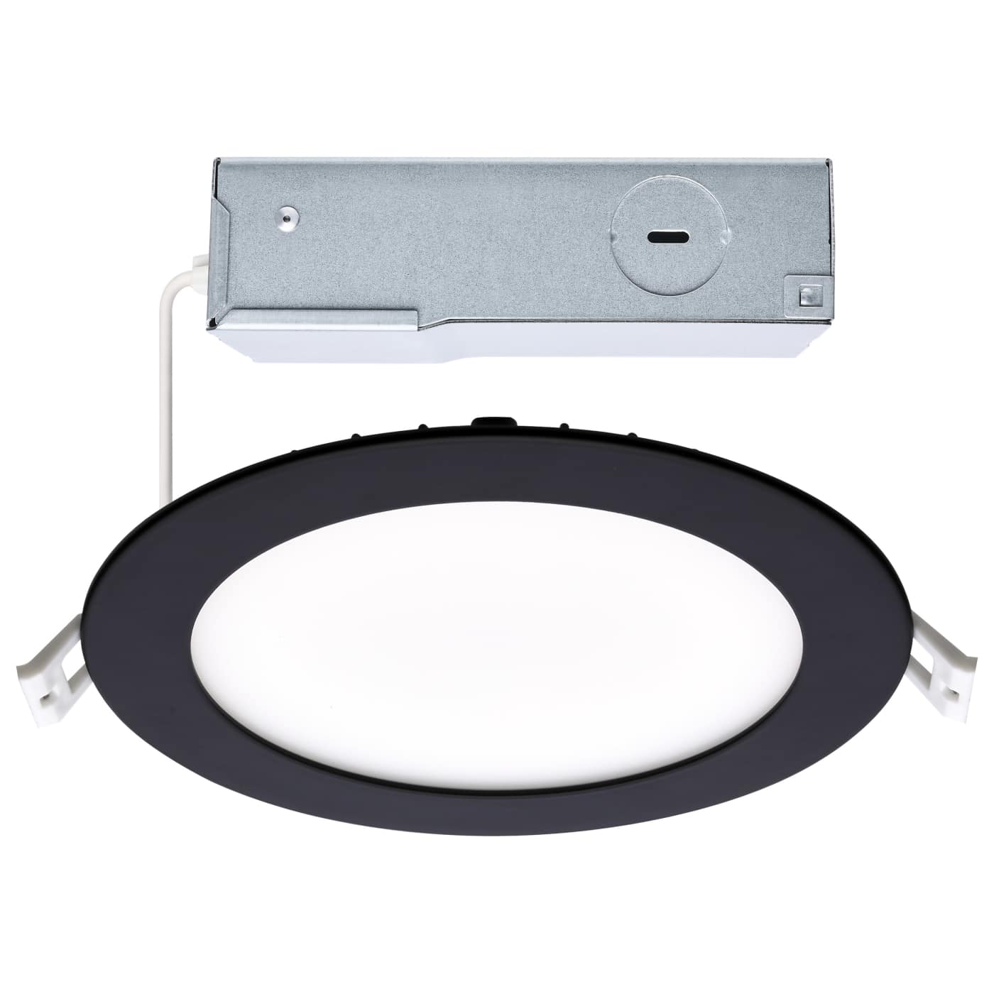 Round black 12W LED canless downlight with CCT selectability, 6-inch size, ideal for modern LED lighting fixtures by Satco