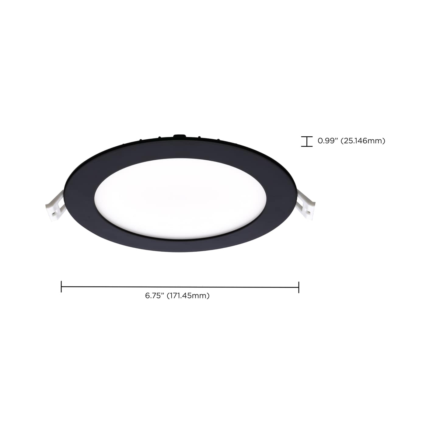 Round black 12W LED canless downlight with CCT selectable, 6-inch size, ideal for modern LED lighting fixtures by Satco.