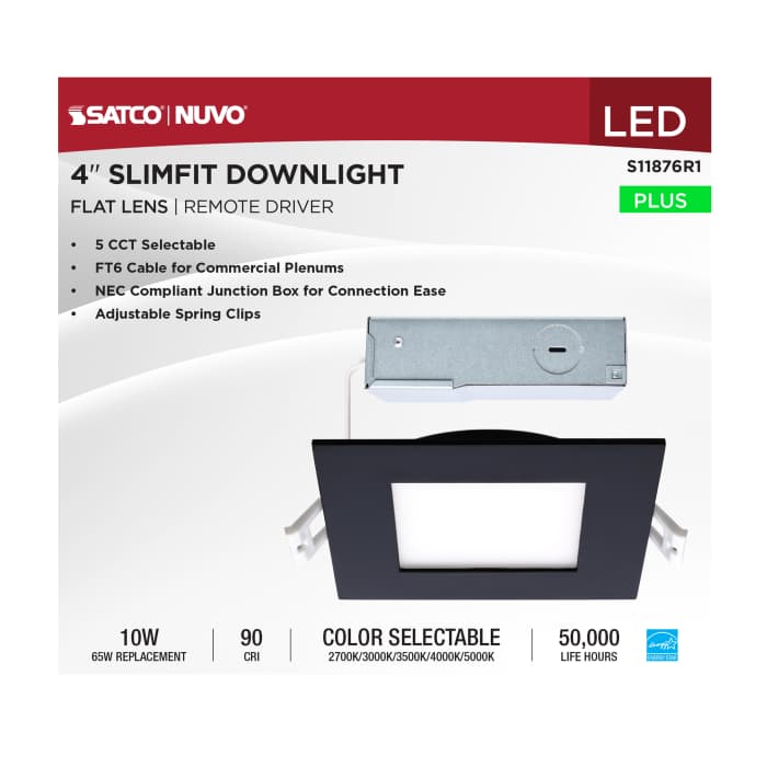 4 Inch Black Square 10 Watt LED Direct Wire Downlight; CCT Selectable