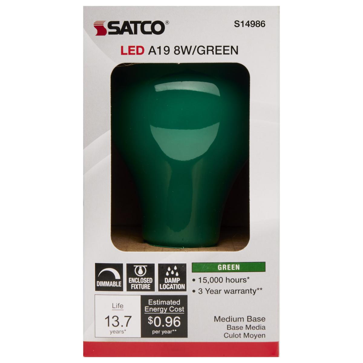 LED Green 8 Watt A19; Medium base; 360 Deg. Beam Angle