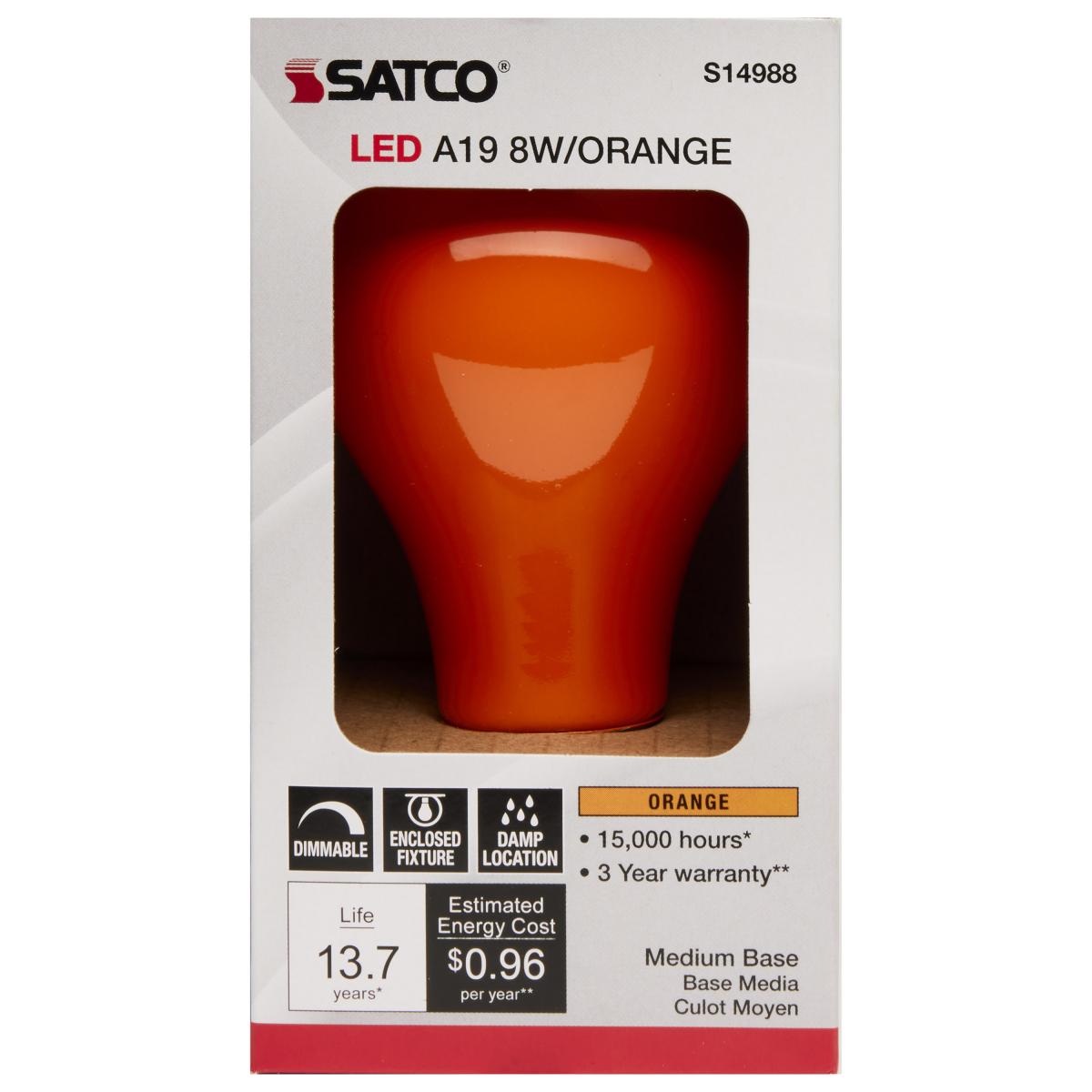 LED Orange A19 8 Watt; Medium base; 360 Deg. Beam Angle