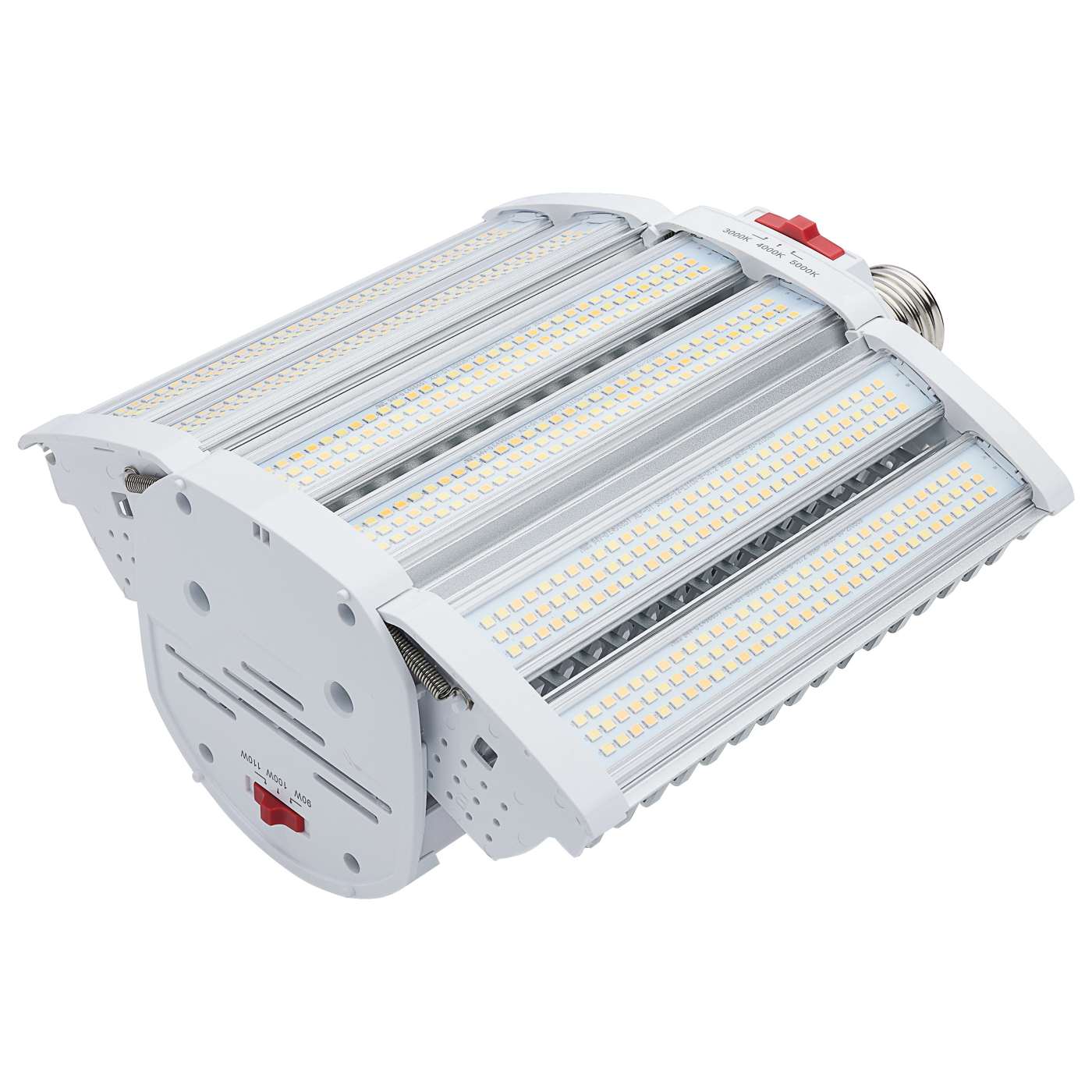 Satco LED shoe box lamp with adjustable wattage and color temperature, suitable for outdoor commercial lighting, compatible with 120-277V.
