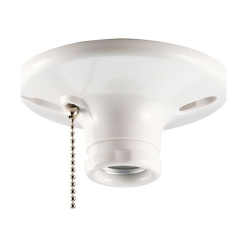 White Eaton 660-Watt plastic pull chain ceiling socket, Cooper wiring device, designed for easy ceiling light installation.