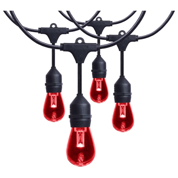 Satco RGB 48-foot LED string light with 15 S14 lamps, infrared remote, ideal for vibrant indoor or outdoor lighting.
