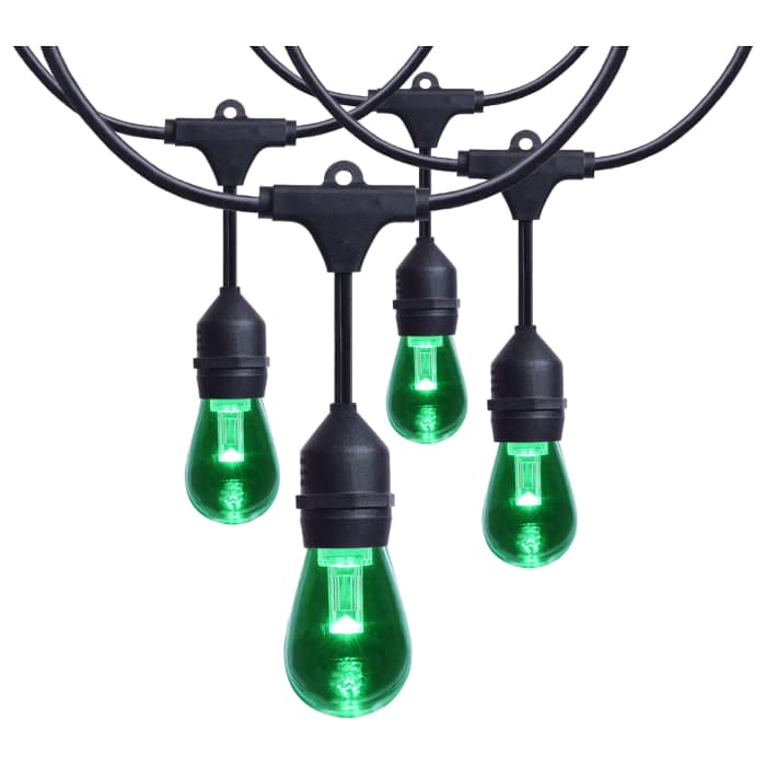 Satco LED RGB 48-foot string light with 15 S14 lamps, remote control, ideal for decorative indoor or outdoor lighting.