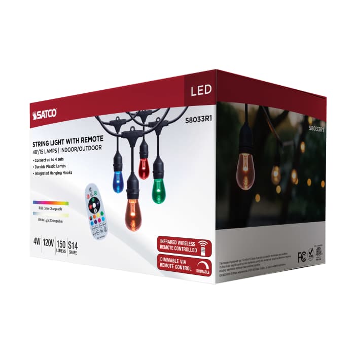 Satco LED RGB 48-foot string light with 15 S14 lamps and infrared remote, ideal for vibrant outdoor or indoor lighting.