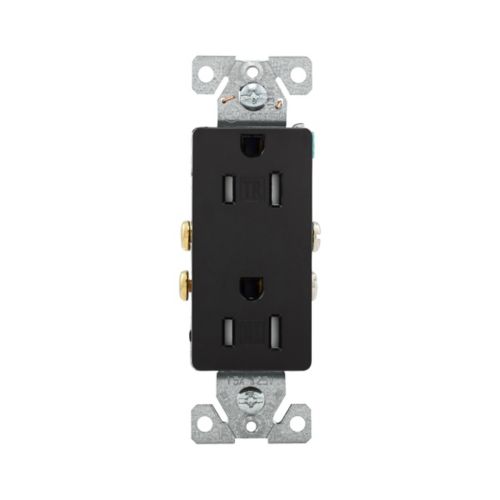 Eaton Cooper tamper-resistant black 15A Decora duplex receptacle for residential wiring devices, showing the front view with plug slots