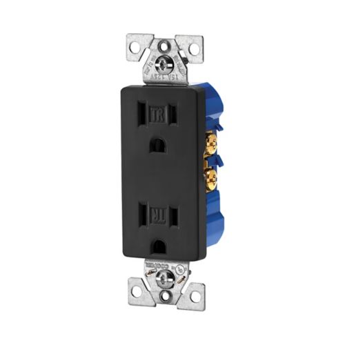 Eaton Cooper tamper-resistant 15A black Decora duplex receptacle for residential wiring devices, showing the faceplate and wiring terminals.