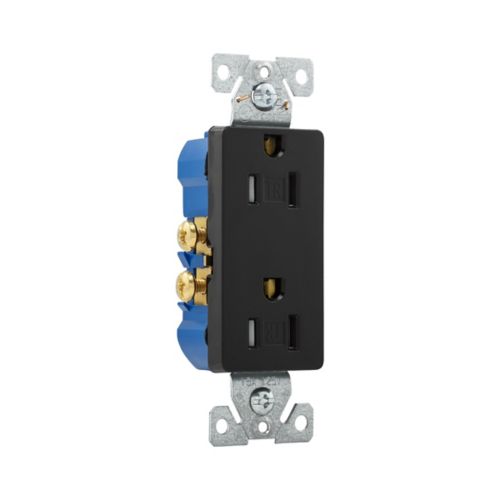 Black Eaton tamper-resistant 15A Decora duplex receptacle by Cooper, residential-grade wiring device with safety features.