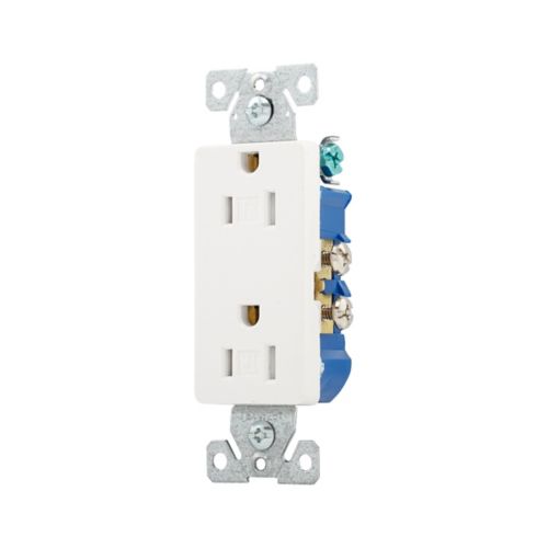 White Eaton tamper-resistant 15A duplex receptacle by Cooper, residential-grade decor outlet with safety features.