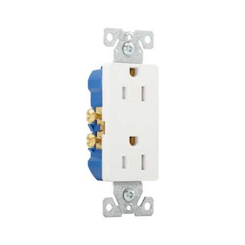 White Eaton tamper-resistant 15A duplex receptacle by Cooper, residential-grade wiring device with decorator style for safe electrical use.