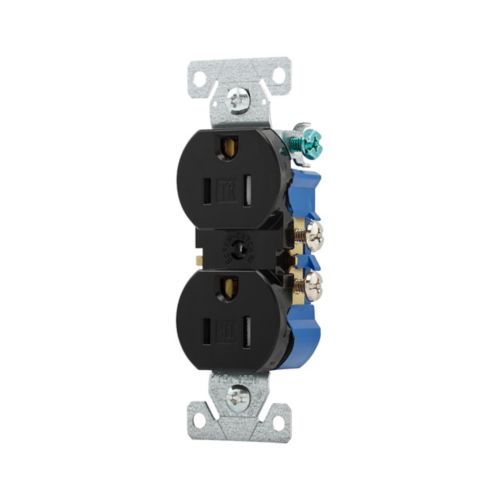 Black Eaton tamper-resistant 15A 125V duplex receptacle from Cooper wiring devices, featuring safety shutter for secure electrical connection.