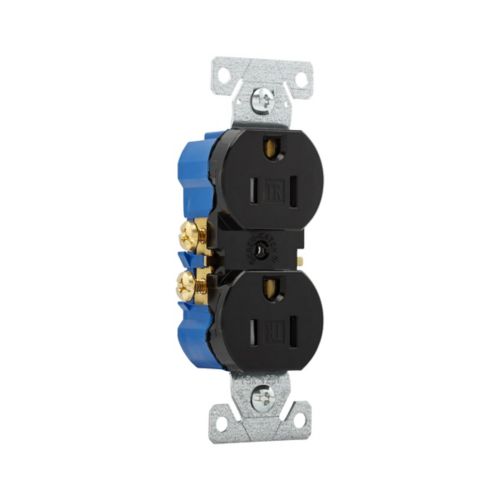 Black Eaton tamper-resistant 15A-125V duplex receptacle for wiring devices by Cooper, with visible electrical outlets and safety features.