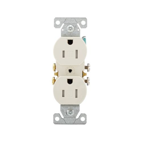 Eaton 15A light almond tamper-resistant duplex receptacle for wiring devices, designed by Cooper, showing electrical outlet with safety features.