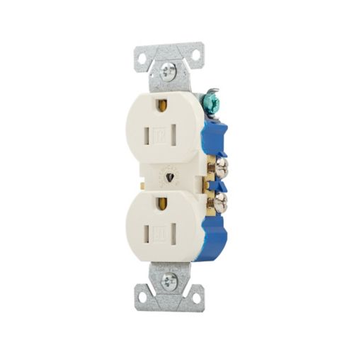 Eaton 15A Light Almond Tamper Resistant Duplex Receptacle, wiring device with safety cover, designed for household electrical outlets.