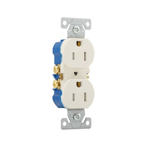 Eaton 15A light almond tamper-resistant duplex receptacle installed wiring device for safe electrical outlets.