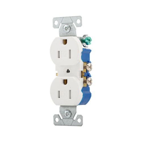 White Eaton tamper-resistant 15A duplex receptacle by Cooper, 125V wiring device for safe electrical connections.