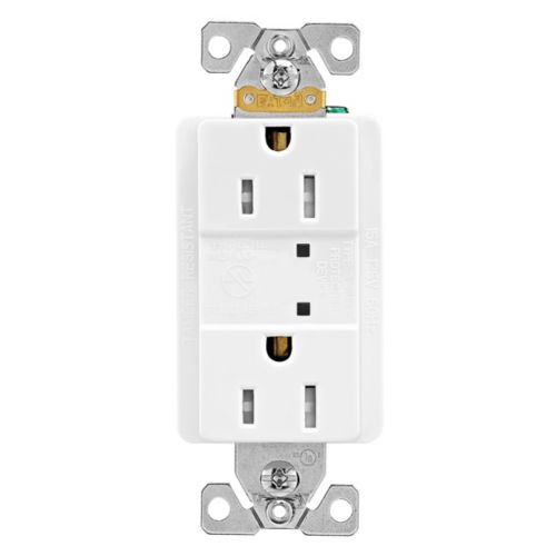 White Eaton TVSS surge protection tamper-resistant 15A duplex receptacle from Cooper wiring devices, designed for electrical safety.