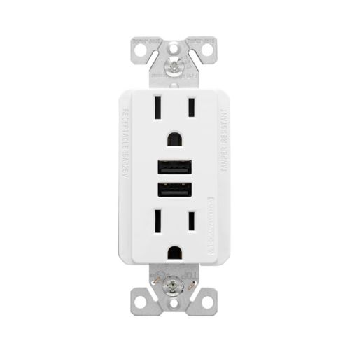 White Eaton tamper-resistant duplex receptacle with 3.6A USB charging ports and 15A circuit capacity, designed for safe electrical connections.