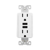 White Eaton tamper-resistant duplex receptacle with 3.6A USB charging ports and 15A circuit capacity, designed for safe electrical connections.