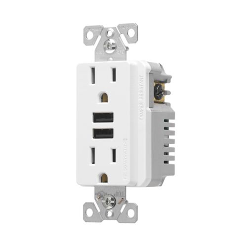 Eaton Cooper 15A tamper resistant white combination wiring device with 3.6A USB charger and duplex receptacle for electrical outlets