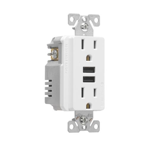 Eaton Cooper white tamper-resistant combination USB charger and duplex receptacle, 15A wiring device with 3.6A USB ports.