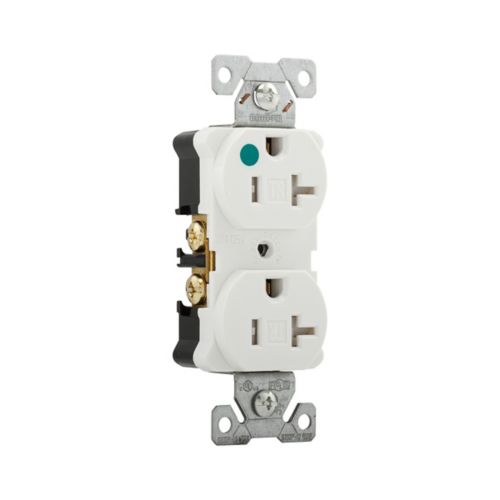 White Eaton hospital-grade tamper-resistant 20A duplex receptacle by Cooper, suitable for safe, secure electrical wiring installations.