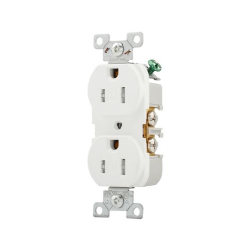 White Eaton 15A commercial spec grade TR duplex receptacles, Cooper wiring devices, in a box of 10, ideal for commercial electrical installations.