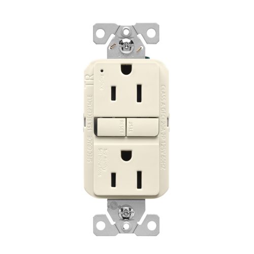 Cooper Eaton tamper-resistant self-test GFCI outlet, 15A 125V, light almond, slim design, three-pack for wiring devices.