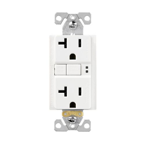 Eaton Cooper white GFCI receptacle for wiring devices, 20 amp, 125V, tamper resistant, self-test feature, #14-10 AWG.