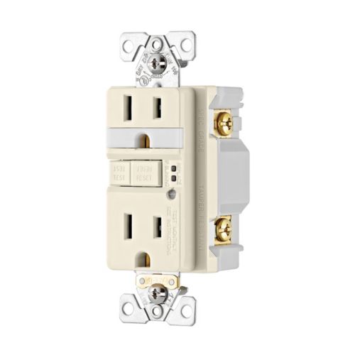 Eaton TR GFCI 15 Amp duplex receptacle with built-in nightlight in light almond, designed for wiring devices by Cooper.