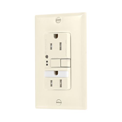 Cooper Eaton TR GFCI 15 Amp duplex receptacle with nightlight in light almond color, showing electrical wiring and nightlight feature.