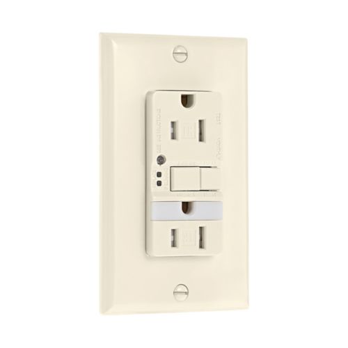 Cooper Eaton TR GFCI 15 Amp duplex receptacle with built-in nightlight in light almond color, ideal for safety and convenience.
