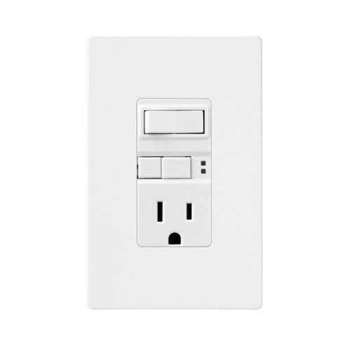 White Eaton tamper-resistant 15A duplex GFCI receptacle, self-test model by Cooper, for safe electrical wiring installations.