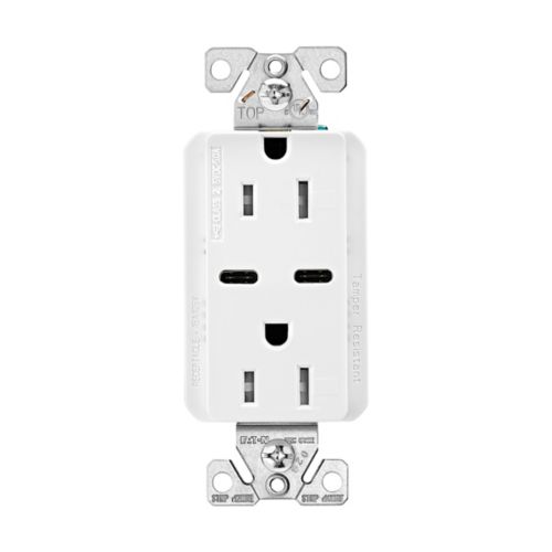 Eaton Combination USB Type-C Charger, 15A 5-15R Receptacle, 5A, 125 Vac, White - Cooper